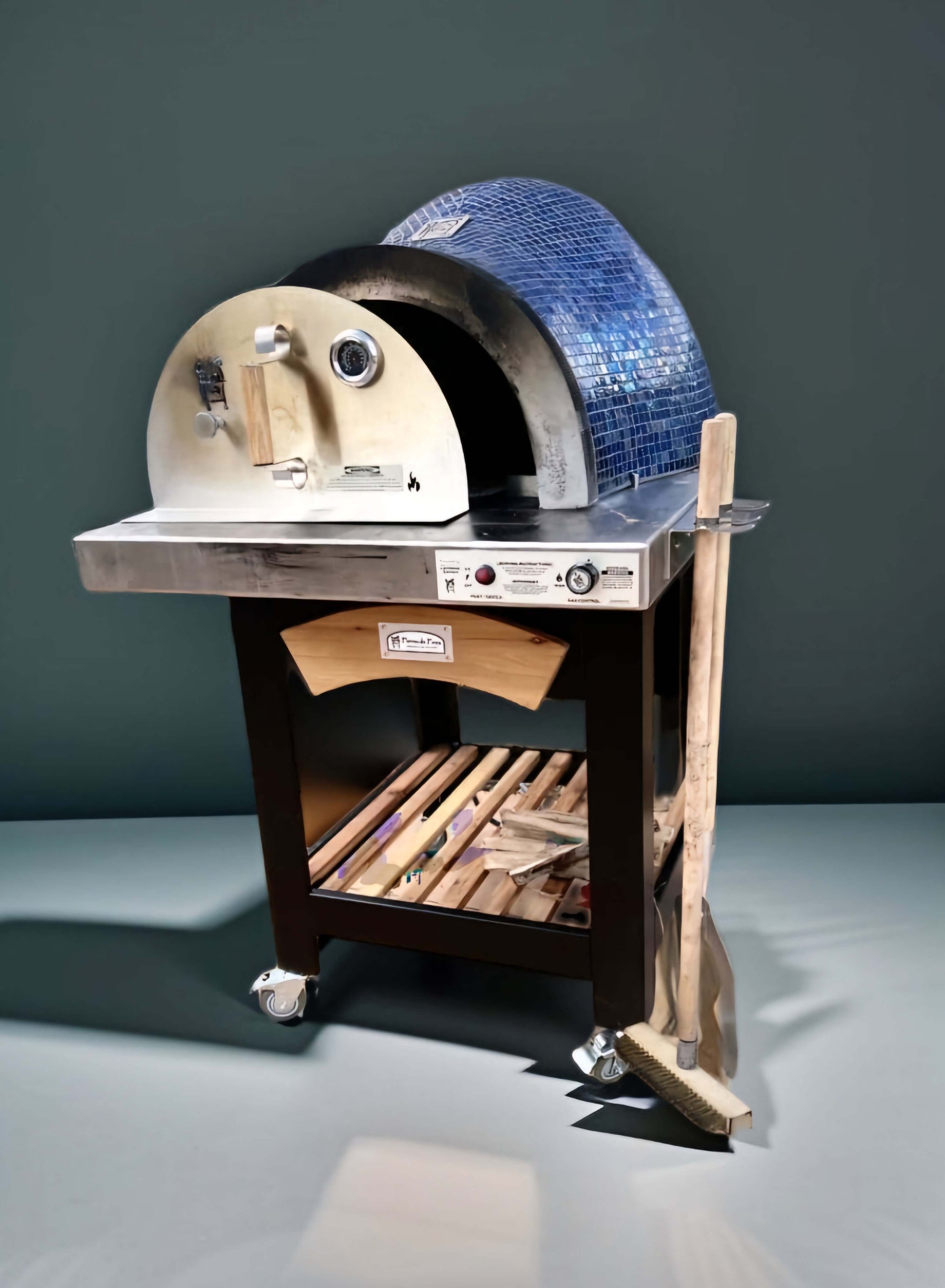 HPC Fire Forno Series HYBIRD Pizza Oven With Cart Gas And Wood Fired - Front View Pool Blue